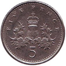 Монета 5 пенсів. 1999 рік, Великобританія.