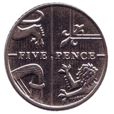 Монета 5 пенсів. 2015 рік, Великобританія. Новий тип.