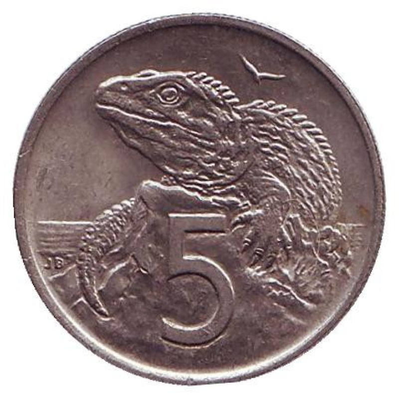 Гаттерия. Монета 5 центов. 1967-85 год, Новая Зеландия. Гаттерия. Монета 5 центов. 1967-85 год, Новая Зеландия.