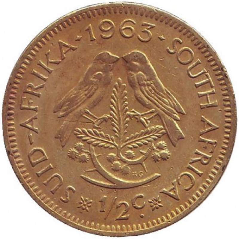 Горобці. Монета 1/2 цента. 1963 рік, ПАР.(Д) Горобці. Монета 1/2 цента. 1963 рік, ПАР.(Д)