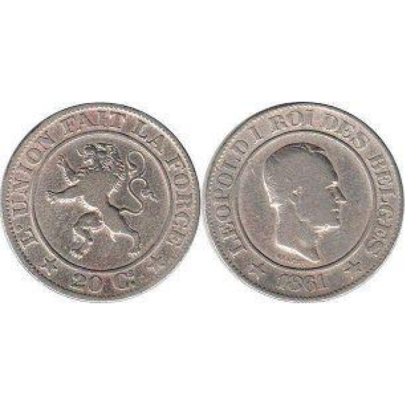 Монета 20 сантимів. 1861 рік, Бельгія. Монета 20 сантимів. 1861 рік, Бельгія.