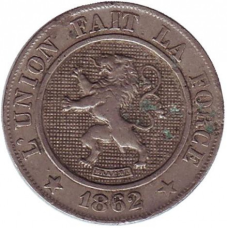 Монета 10 сантимів. 1862 рік. Бельгія. (Без крапки після PREMIER)