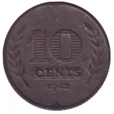 Монета 10 центів. 1942 рік, Нідерланди.