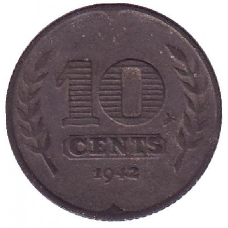 Монета 10 центів. 1942 рік, Нідерланди. Монета 10 центів. 1942 рік, Нідерланди.