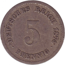 Монета 5 пфенігів. 1874 рік (Е), Німецька імперія.(АЗ)