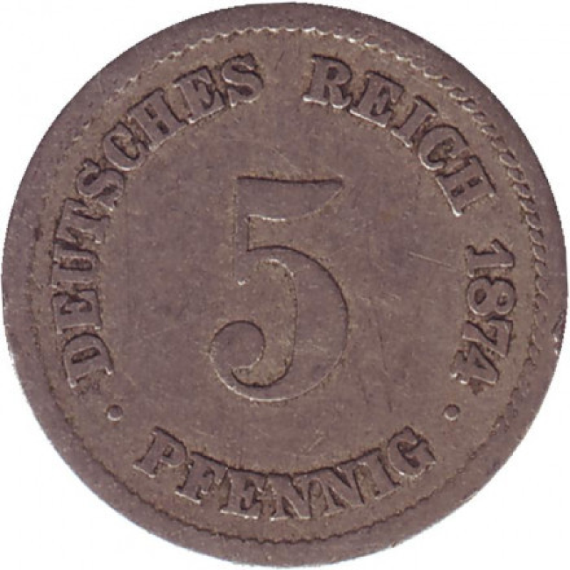 Монета 5 пфенігів. 1874 рік (Е), Німецька імперія.(АЗ) Монета 5 пфенігів. 1874 рік (Е), Німецька імперія.(АЗ)