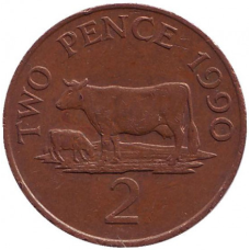 Корова. Монета 2 пенси. 1990 рік, Гернсі.