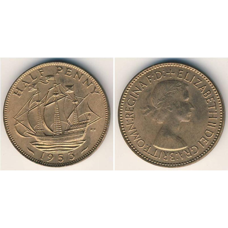 Монета 1/2 пенні. 1953 рік, Великобританія. Монета 1/2 пенні. 1953 рік, Великобританія.