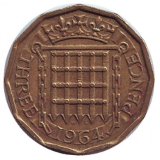 Монета 3 пенси. 1964 рік, Великобританія.