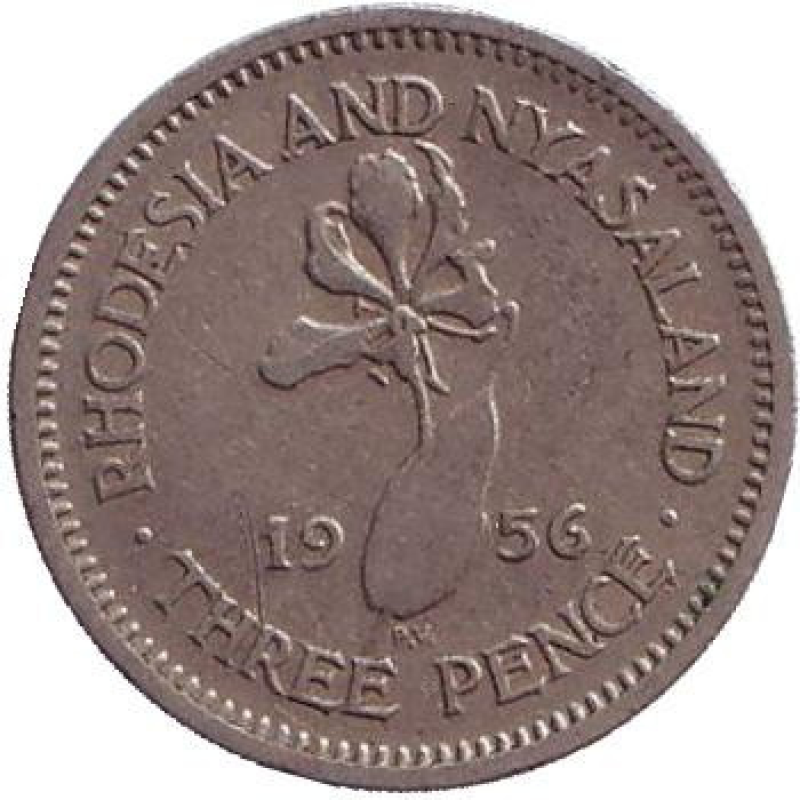 Глоріозу (Плам“яна лілія). Монета 3 пенси. 1957,62,64 рік, Родезія й Ньясаленд.