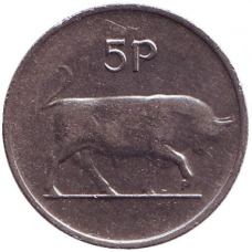 Монета 5 пенсів. 1980 рік, Ірландія. Бик. Ірландська арфа.(АС)