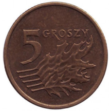 Дубове листя. Монета 5 грошів. 1990-2021 рік, Польща. (В)