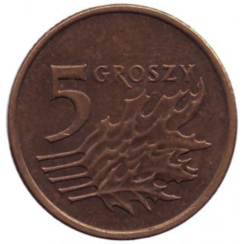 Дубове листя. Монета 5 грошів. 1990-2021 рік, Польща. (В)