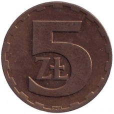 Монета 5 злотих. 1975-86 рік, Польща.(В)