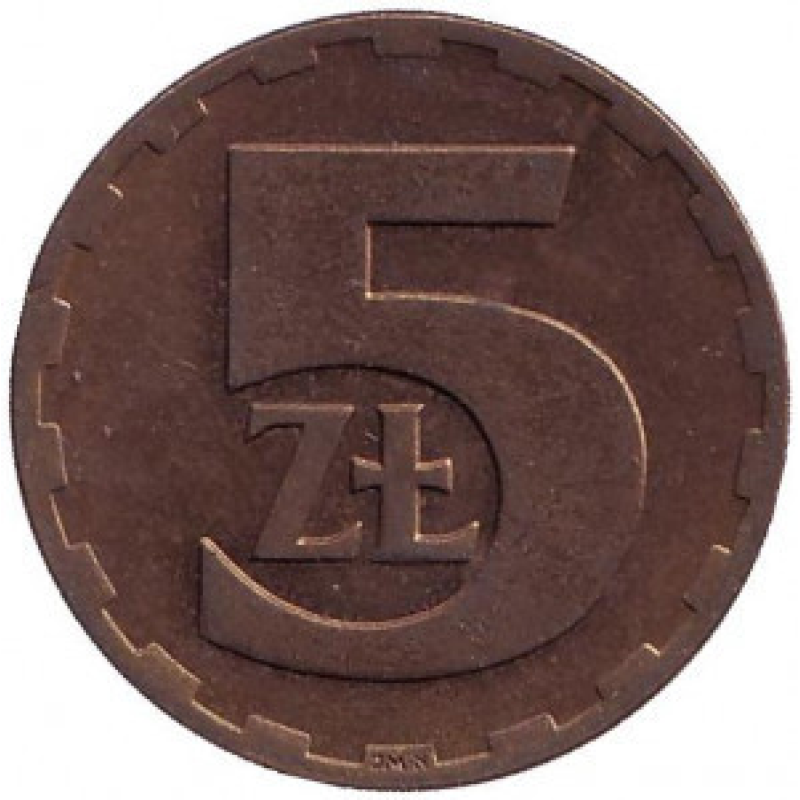 Монета 5 злотих. 1975-86 рік, Польща.(В)