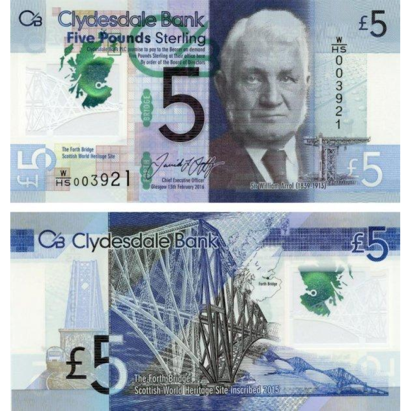 Шотландії 5 фунтів 2016 Полімер UNC Пам“ятна Вільям Аррол Clydesdale bank