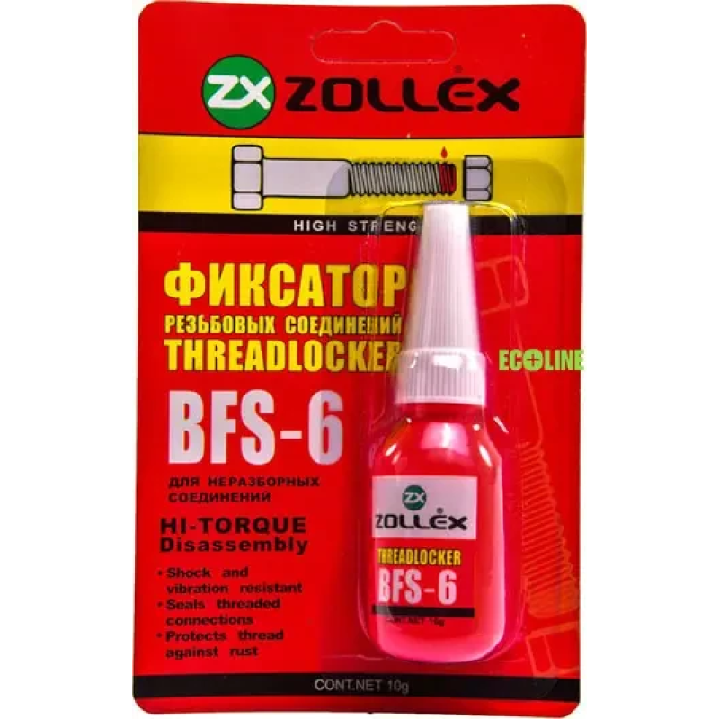 Фиксатор резьбы Zollex Threadlocker красный для неразборных соединений BFS-6 10г