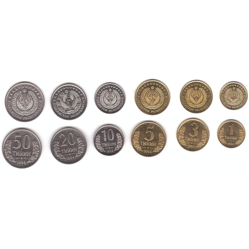 Набір 1, 3, 5, 10, 20, 50 тиїн, 1994, Узбекистан Набір 1, 3, 5, 10, 20, 50 тиїн, 1994, Узбекистан