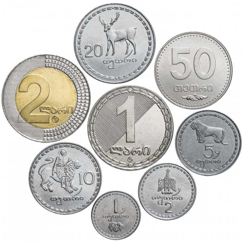 Набір 1993-2006, 1, 2, 5, 10, 50 тетрі, 1 і 2 ларі, 1993, Грузія Набір 1993-2006, 1, 2, 5, 10, 50 тетрі, 1 і 2 ларі, 1993, Грузія