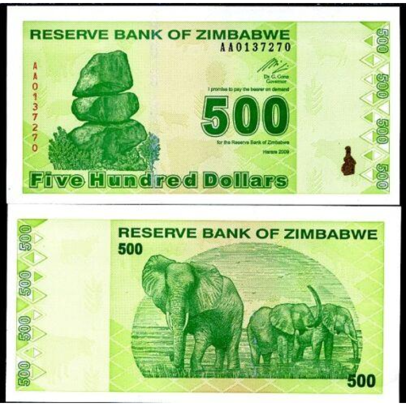 Ею/Zimbabwe 500 Dollars 2009 Pick 98 UNC