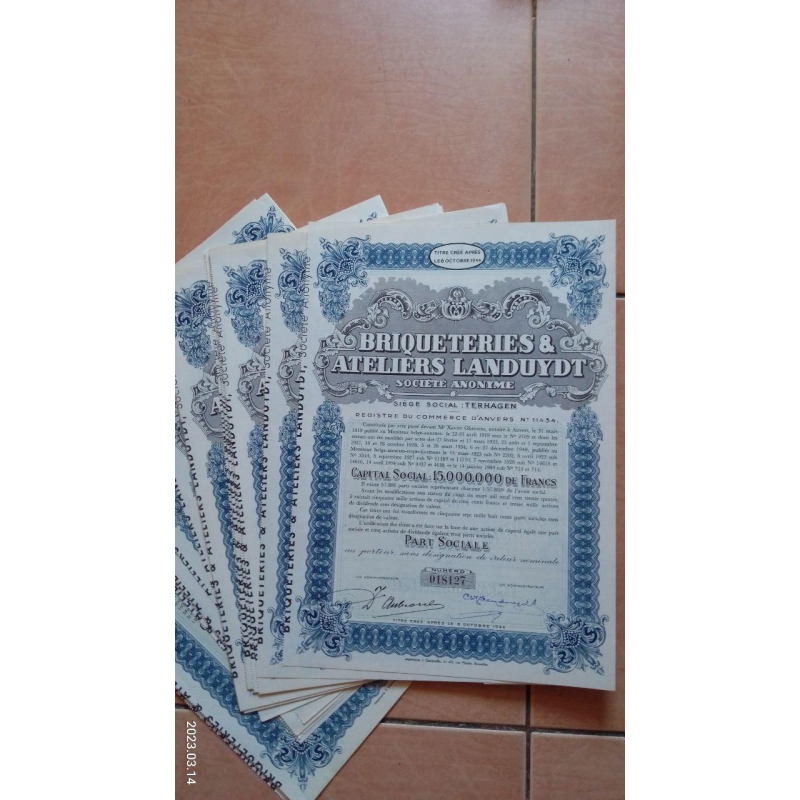 Акція. Briqueteries Ateliers Landuydt. Бельгія. 1944 рік (Д-1.4) Акція. Briqueteries Ateliers Landuydt. Бельгія. 1944 рік (Д-1.4)