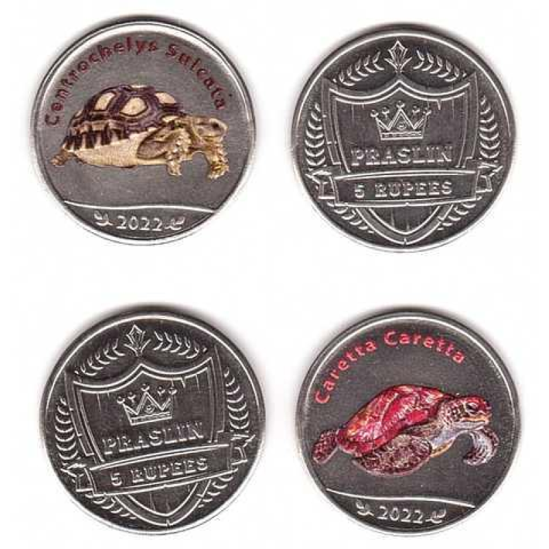 Fantasy — Praslin — набір 2 монети x 5 Rupees 2022 — черепахи — UNC Fantasy — Praslin — набір 2 монети x 5 Rupees 2022 — черепахи — UNC