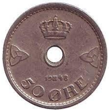 Монета 50 ере. 1948 рік, Норвегія.  (БД)