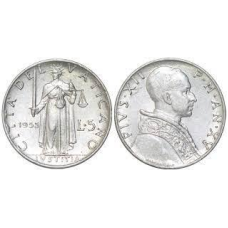 Монета 5 лир. 1951-55 год, Ватикан.