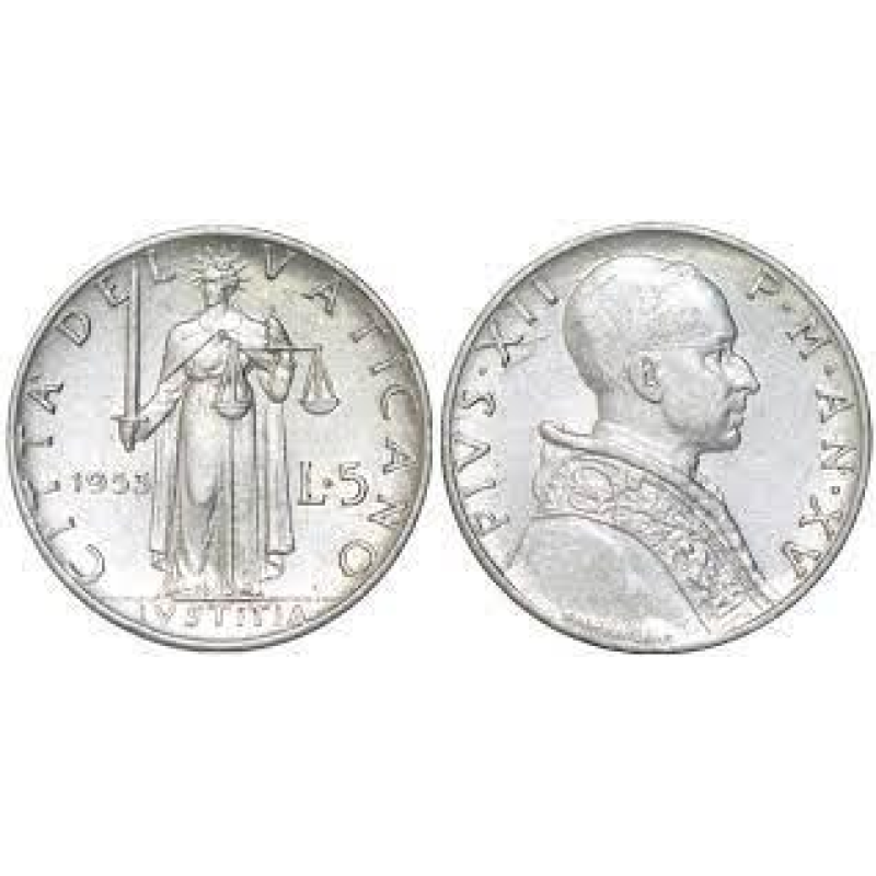 Монета 5 лир. 1951-55 год, Ватикан. Монета 5 лир. 1951-55 год, Ватикан.