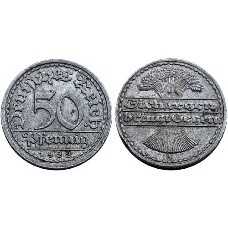 Монета 50 пфеннігів 1922 «А» Німеччина Веймарська республіка.