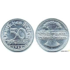 Монета 50 пфеннігів 1922 «G» Німеччина Веймарська республіка.