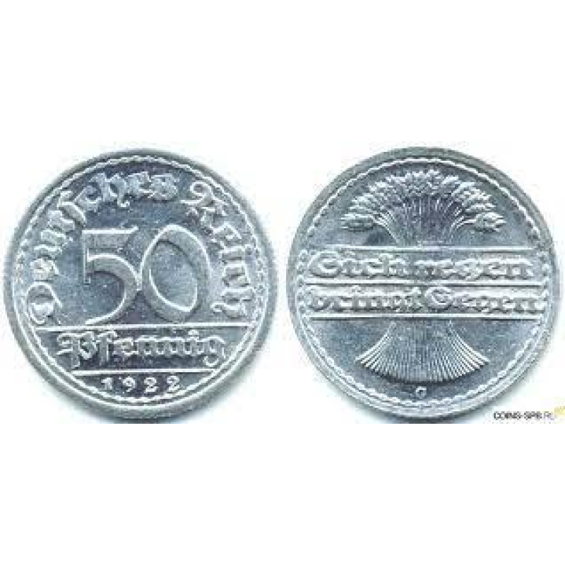 Монета 50 пфеннігів 1922 «G» Німеччина Веймарська республіка. Монета 50 пфеннігів 1922 «G» Німеччина Веймарська республіка.
