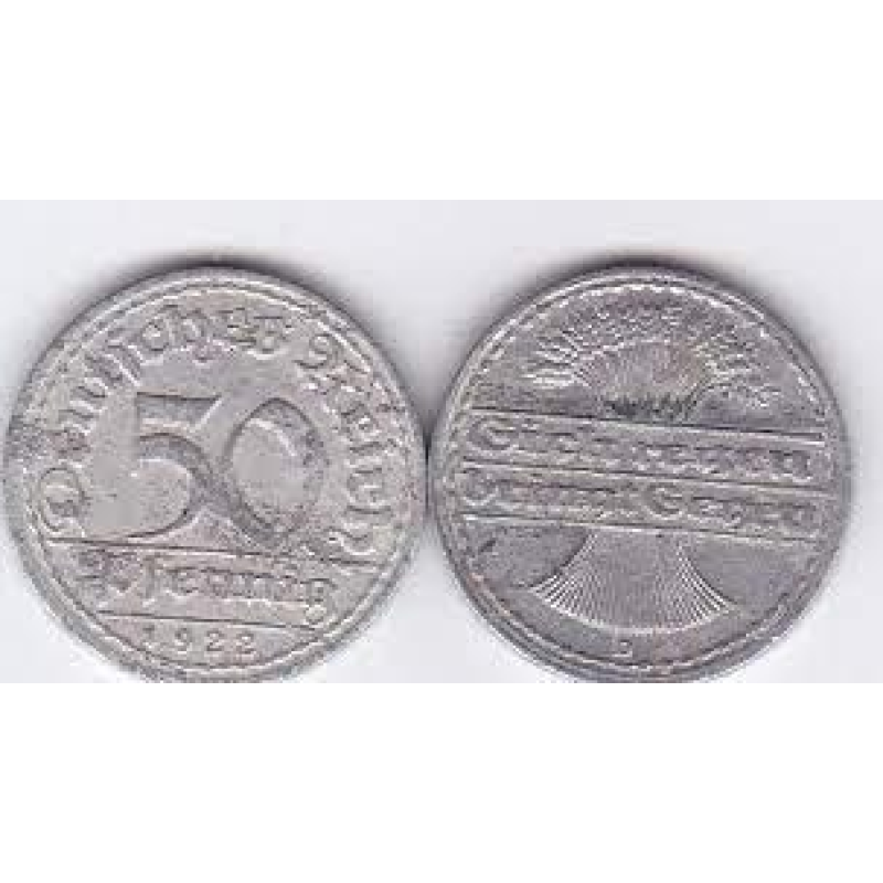 Монета 50 пфеннігів 1922 «D» Німеччина Веймарська республіка. Монета 50 пфеннігів 1922 «D» Німеччина Веймарська республіка.