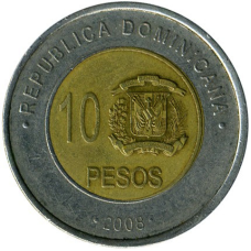 Домінікана 10 песо, 2005-2016 (АР)