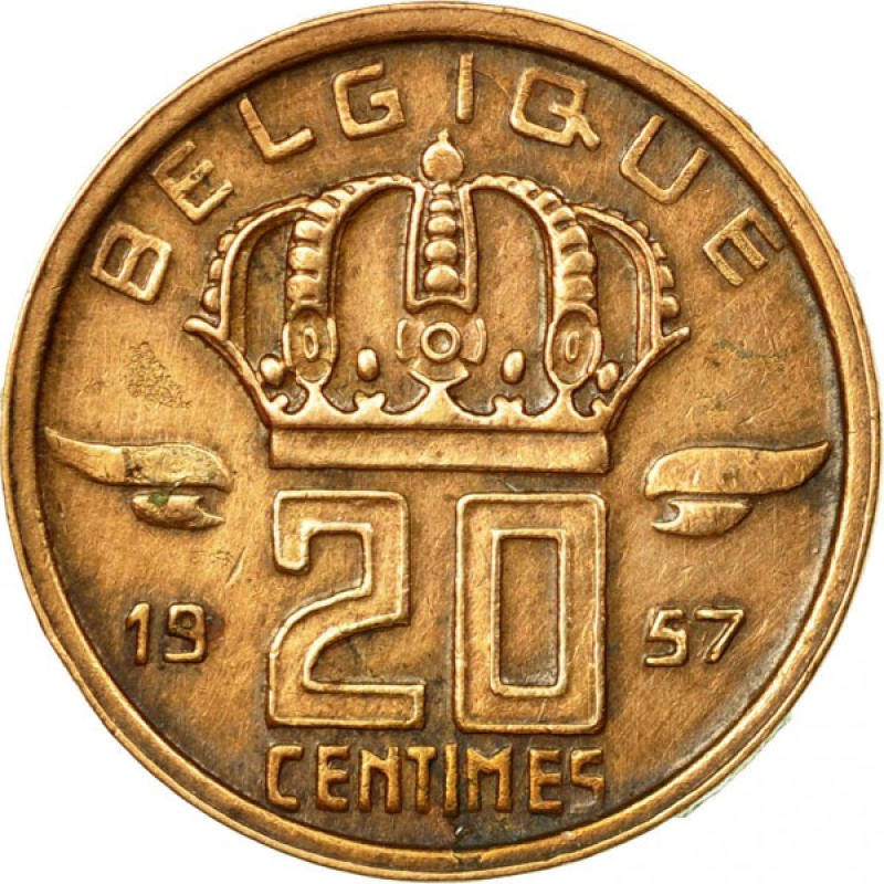 Бельгія 20 сантимів, 1953-1963 Напис на французькому — “BELGIQUE“ Бельгія 20 сантимів, 1953-1963 Напис на французькому — “BELGIQUE“