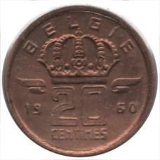Бельгія 20 сантимів, 1960 Напис на голландському — “BELGIE“