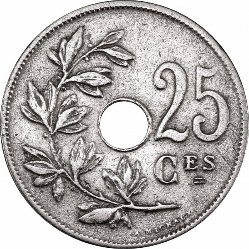 Бельгія 25 сантимів, 1908-1909 Напис французькою - “BELGIQUE“