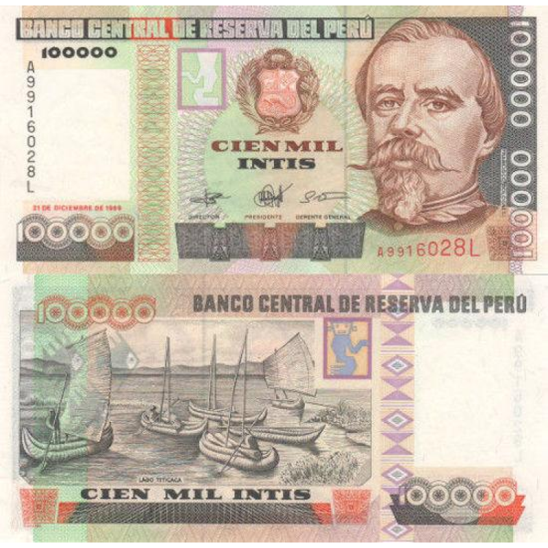 Перу / Peru 100000 Intis 1989 Pick 145 UNC Перу / Peru 100000 Intis 1989 Pick 145 UNC