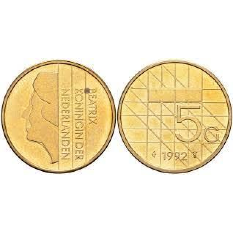 Нидерланды 5 гульденов 1992 Беатрикс (1980-2013) KM 210 никель плакированный бронзой Нидерланды 5 гульденов 1992 Беатрикс (1980-2013) KM 210 никель плакированный бронзой