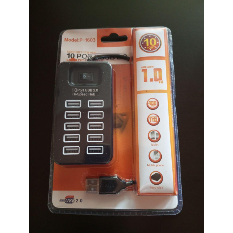 USB HUB на 10 портов USB 2.0, с выключателем, активный (в блистере)