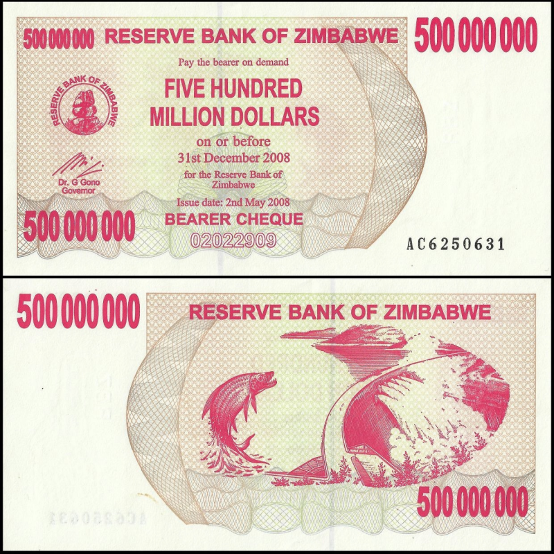 Зімбабве / Зимбабве 500000000 доларів 2008р аUNC-UNC Р-60 Зімбабве / Зимбабве 500000000 доларів 2008р аUNC-UNC Р-60