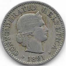 Монета 5 раппен. 1891 год, Швейцария.