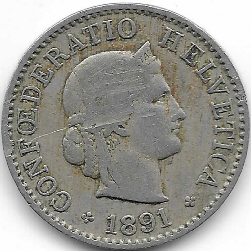 Монета 5 раппен. 1891 год, Швейцария. Монета 5 раппен. 1891 год, Швейцария.