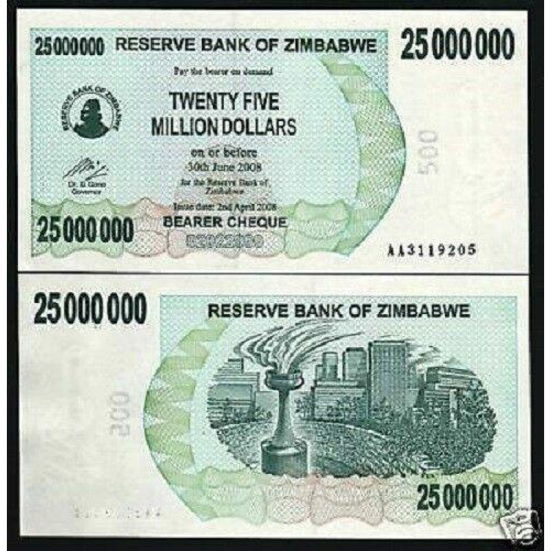 Зімбабве / Зимбабве 25000000 доларів 2008р UNC Р-56 Зімбабве / Зимбабве 25000000 доларів 2008р UNC Р-56