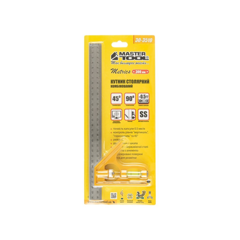 Кутник столяра комбінований MASTERTOOL 300 мм з капсулою AL-SS 30-3510 Кутник столяра комбінований MASTERTOOL 300 мм з капсулою AL-SS 30-3510
