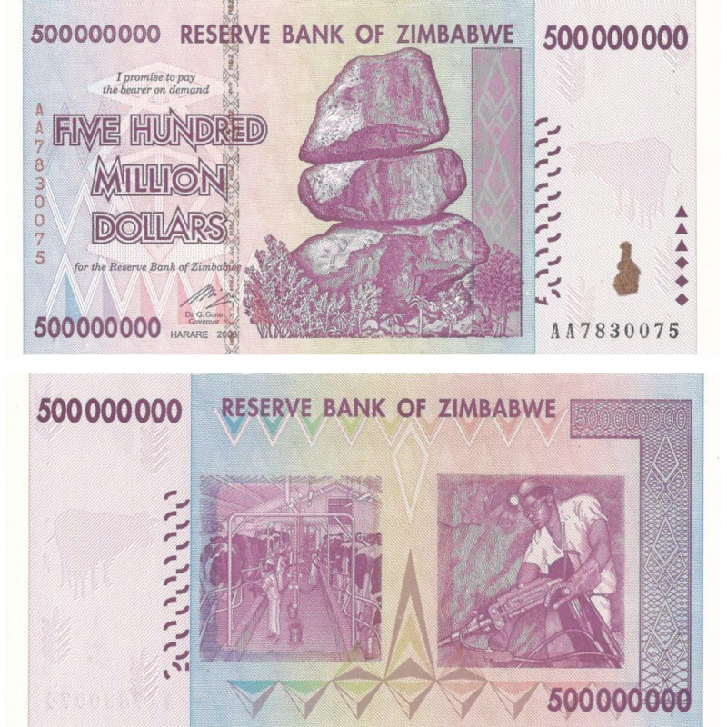 Зімбабве / Зимбабве 500000000 доларів 2008р Р-82 UNC Зімбабве / Зимбабве 500000000 доларів 2008р Р-82 UNC