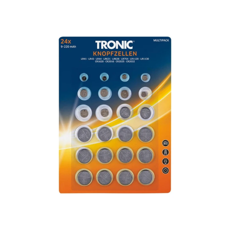 Батарейки таблетки 24 шт. TRONIC 12 типов: LR41/LR43/LR44/AG1/AG4/AG5/CR 2032/CR 2025/CR2016 Батарейки таблетки 24 шт. TRONIC 12 типов: LR41/LR43/LR44/AG1/AG4/AG5/CR 2032/CR 2025/CR2016