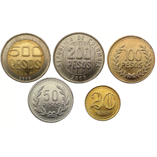 Colombia Колумбія набір 5 монет 20 50 100 200 500 Pesos 1994 - 2010 UNC