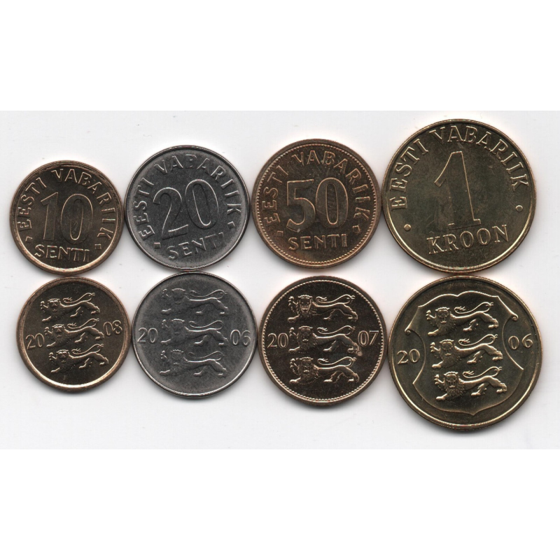 Estonia Естонія набір 4 монети 10 20 50 Senti 1 Krooni 2006 — 2008 UNC Estonia Естонія набір 4 монети 10 20 50 Senti 1 Krooni 2006 — 2008 UNC