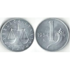 Монета 1 лира. 1954,55 рік, Італія.